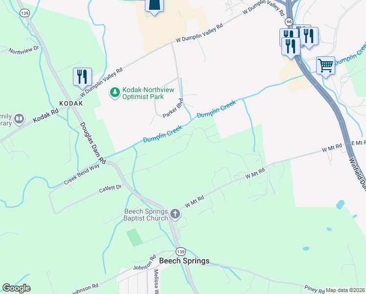 map of restaurants, bars, coffee shops, grocery stores, and more near 165 Clear Creek Road in Kodak