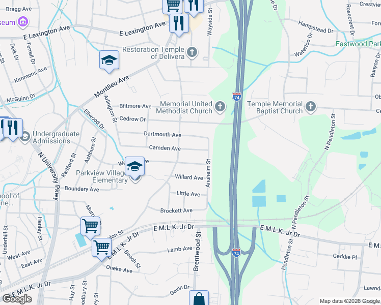 map of restaurants, bars, coffee shops, grocery stores, and more near 1310 Camden Avenue in High Point