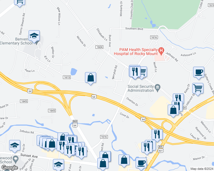 map of restaurants, bars, coffee shops, grocery stores, and more near 1616 Oak Bend Road in Rocky Mount