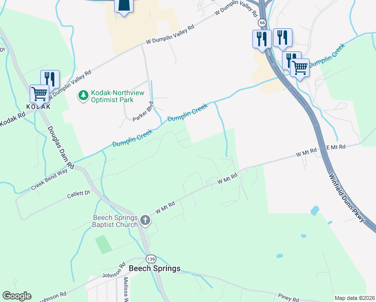map of restaurants, bars, coffee shops, grocery stores, and more near 246 Clear Creek Road in Kodak