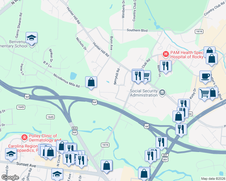 map of restaurants, bars, coffee shops, grocery stores, and more near 1604 Oak Bend Road in Rocky Mount