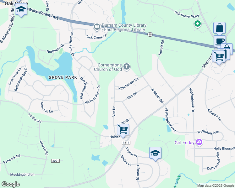 map of restaurants, bars, coffee shops, grocery stores, and more near 607 Van Drive in Durham
