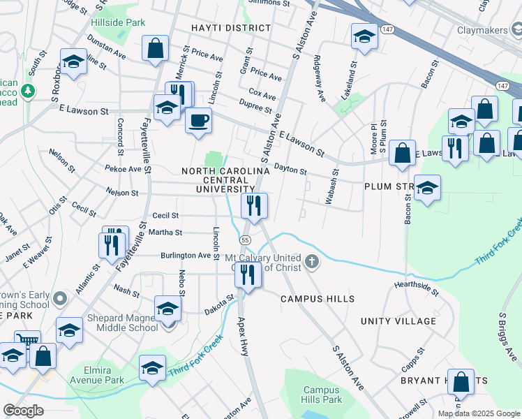 map of restaurants, bars, coffee shops, grocery stores, and more near 1513 South Alston Avenue in Durham