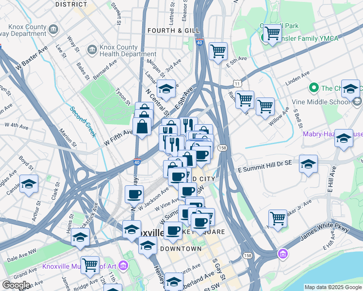 map of restaurants, bars, coffee shops, grocery stores, and more near 209 Common Avenue in Knoxville