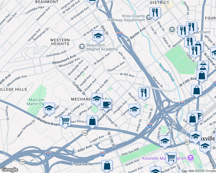 map of restaurants, bars, coffee shops, grocery stores, and more near 1226 Moses Avenue in Knoxville