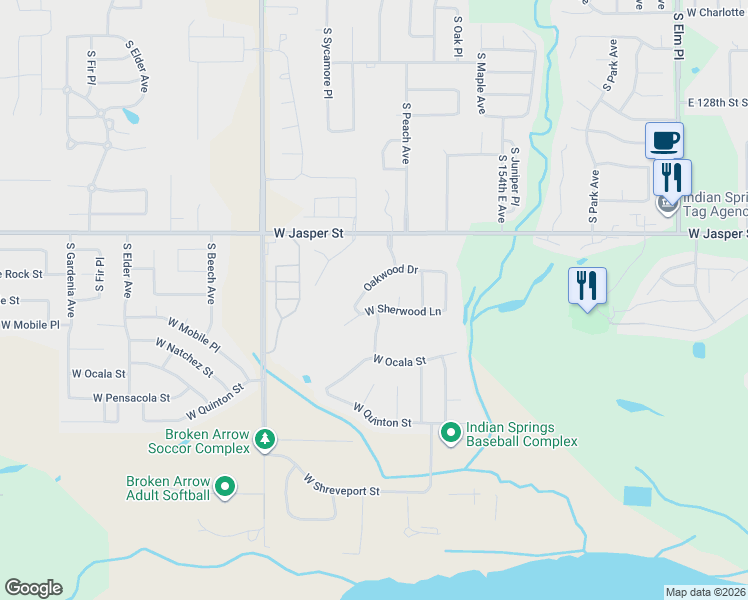 map of restaurants, bars, coffee shops, grocery stores, and more near 1326 Oakwood Drive in Broken Arrow