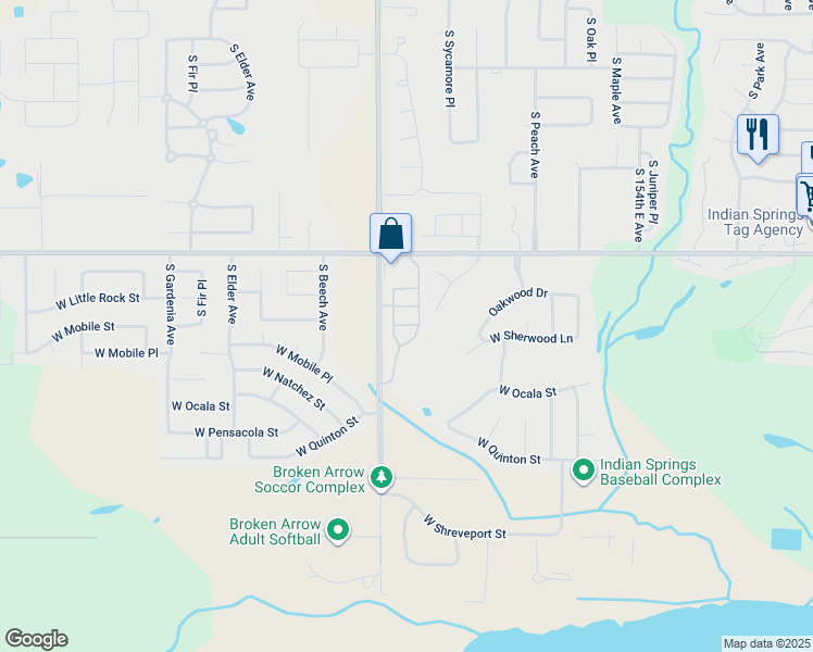 map of restaurants, bars, coffee shops, grocery stores, and more near 8417 Shadowood Avenue in Broken Arrow