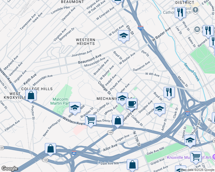 map of restaurants, bars, coffee shops, grocery stores, and more near 1414 Iredell Avenue in Knoxville