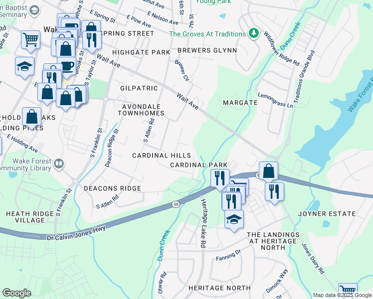 map of restaurants, bars, coffee shops, grocery stores, and more near 918 Nuthatch Court in Wake Forest
