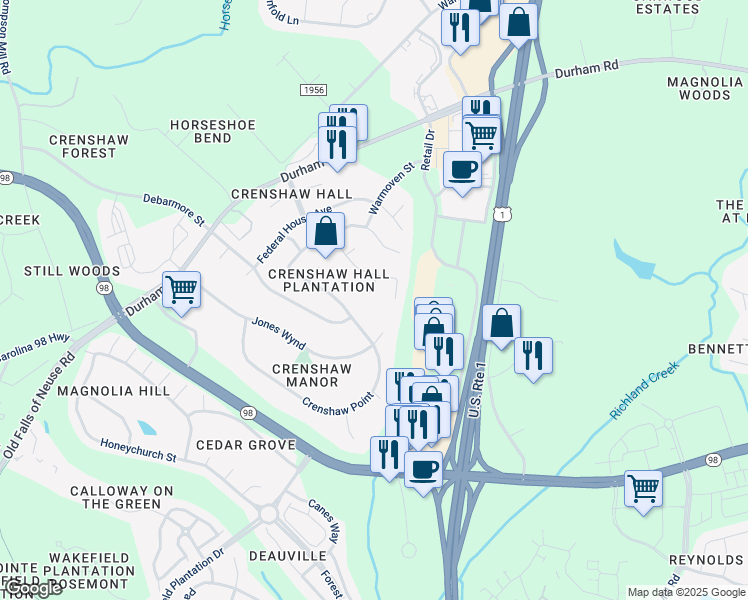 map of restaurants, bars, coffee shops, grocery stores, and more near 1013 Sawnwork Court in Wake Forest