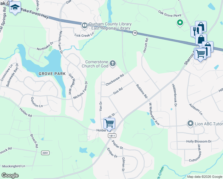 map of restaurants, bars, coffee shops, grocery stores, and more near 438 Gus Road in Durham