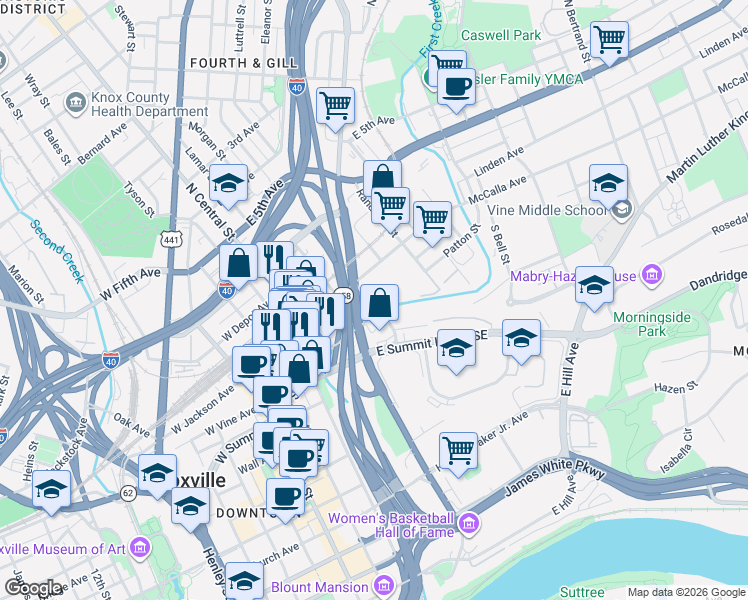 map of restaurants, bars, coffee shops, grocery stores, and more near 501 Willow Avenue in Knoxville