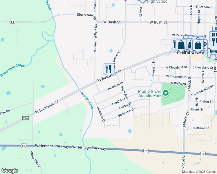 map of restaurants, bars, coffee shops, grocery stores, and more near 810 Hindman Drive in Prairie Grove