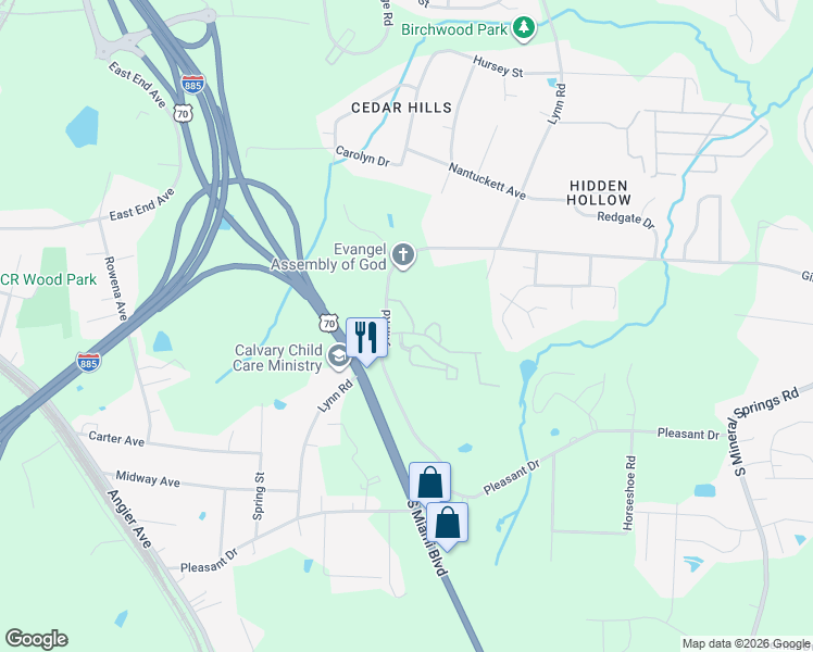 map of restaurants, bars, coffee shops, grocery stores, and more near 438 Saint John Drive in Durham