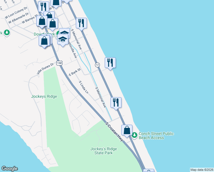map of restaurants, bars, coffee shops, grocery stores, and more near 3404 Highway 12 in Nags Head