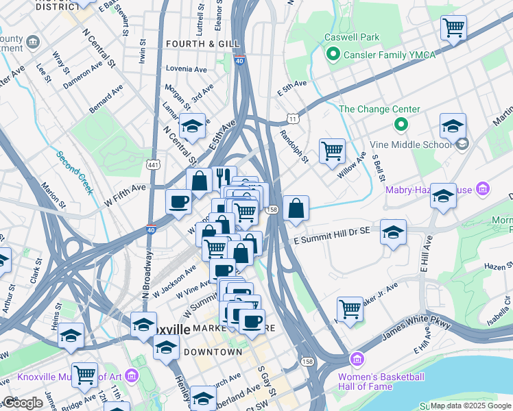 map of restaurants, bars, coffee shops, grocery stores, and more near 207 East Jackson Avenue in Knoxville