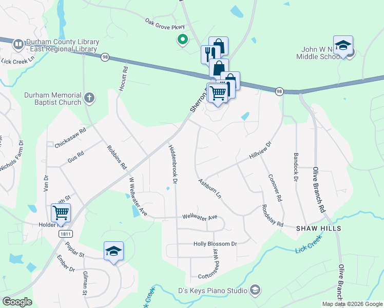 map of restaurants, bars, coffee shops, grocery stores, and more near 406 Ashburn Lane in Durham