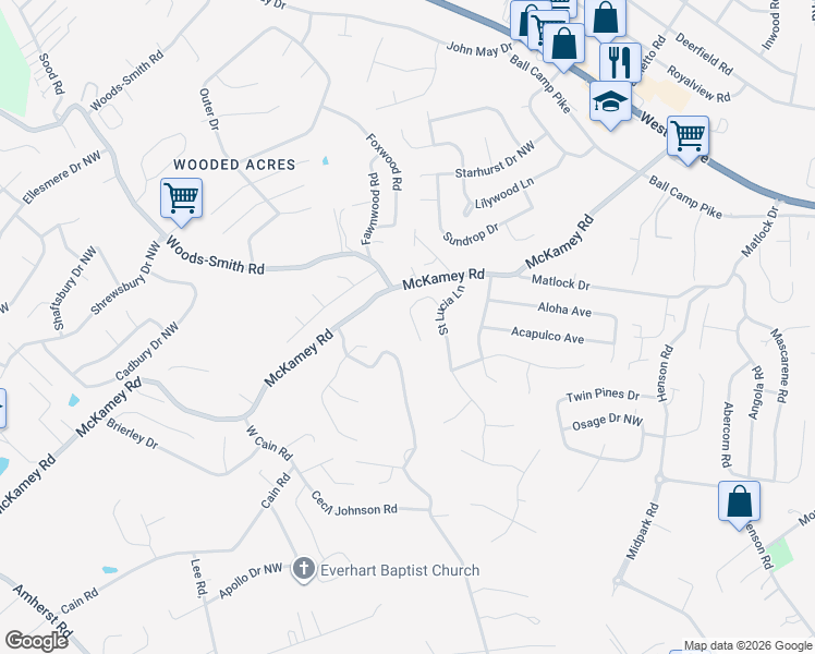 map of restaurants, bars, coffee shops, grocery stores, and more near 5942 Aruba Lane in Knoxville