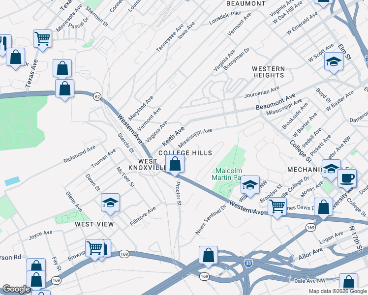 map of restaurants, bars, coffee shops, grocery stores, and more near 2136 Mississippi Ave in Knoxville