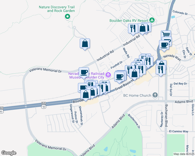 map of restaurants, bars, coffee shops, grocery stores, and more near 83 Foothill Drive in Boulder City