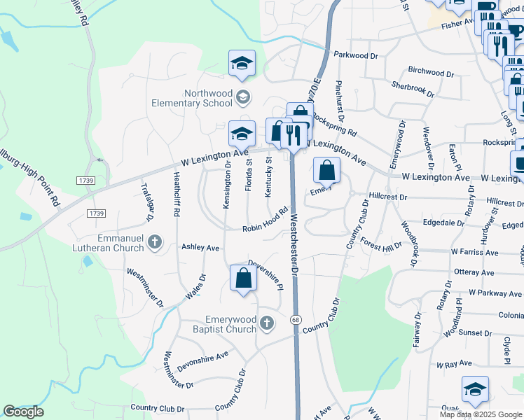 map of restaurants, bars, coffee shops, grocery stores, and more near 1301 Kentucky Street in High Point