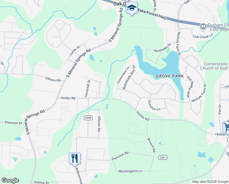 map of restaurants, bars, coffee shops, grocery stores, and more near 608 Crossview Lane in Durham
