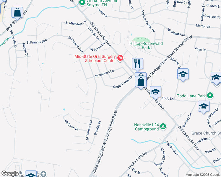 map of restaurants, bars, coffee shops, grocery stores, and more near 127 Cedar Forest Drive in Smyrna