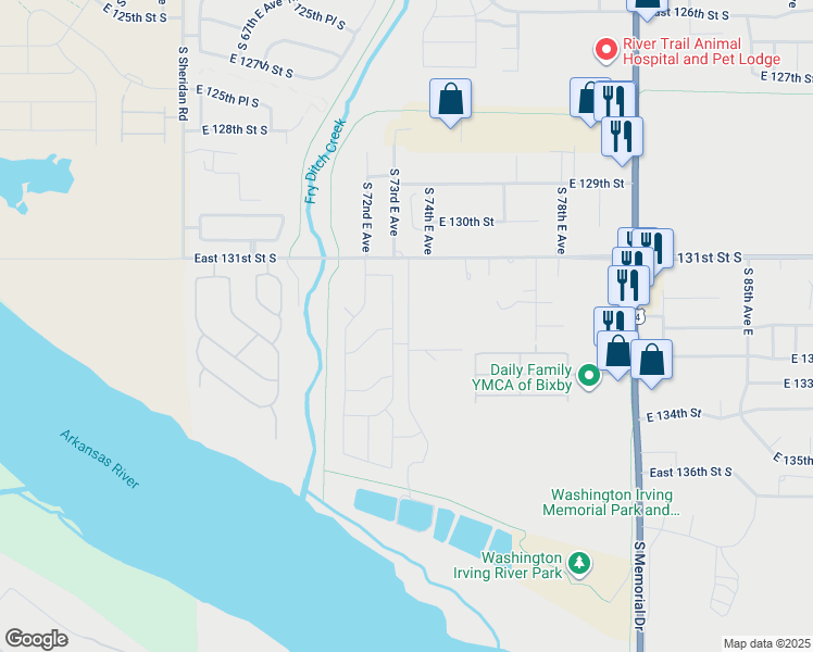 map of restaurants, bars, coffee shops, grocery stores, and more near 9 South 73rd East Avenue in Bixby