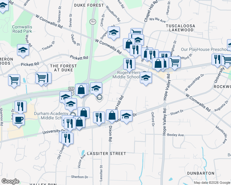 map of restaurants, bars, coffee shops, grocery stores, and more near 2904 Chapel Hill Road in Durham
