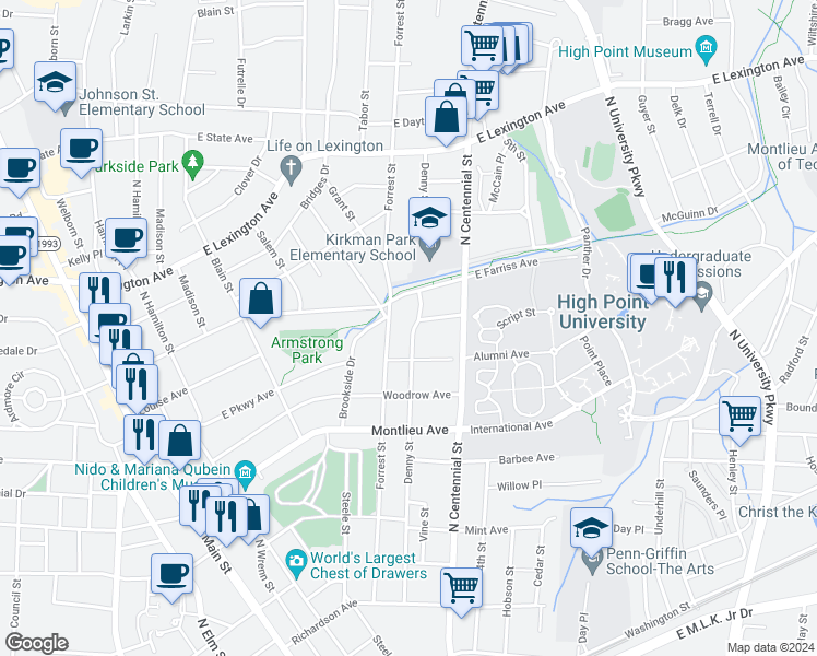 map of restaurants, bars, coffee shops, grocery stores, and more near 911 Denny Street in High Point