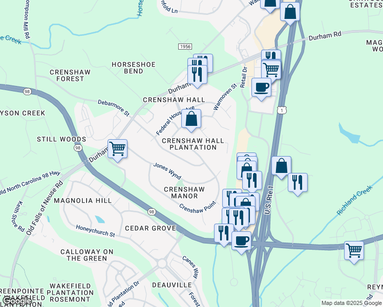 map of restaurants, bars, coffee shops, grocery stores, and more near 1132 Clatter Avenue in Wake Forest