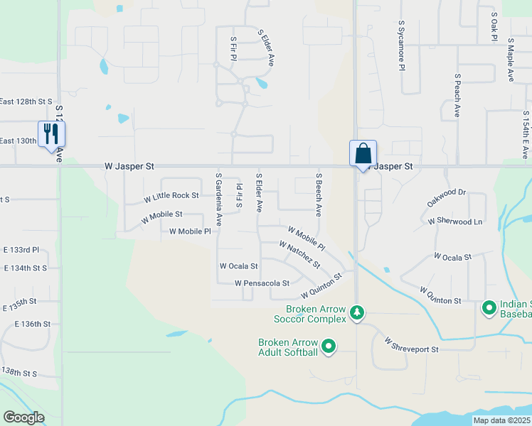 map of restaurants, bars, coffee shops, grocery stores, and more near 8101 South Elder Avenue in Broken Arrow
