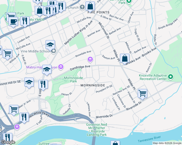 map of restaurants, bars, coffee shops, grocery stores, and more near 729 Leconte Drive Southeast in Knoxville