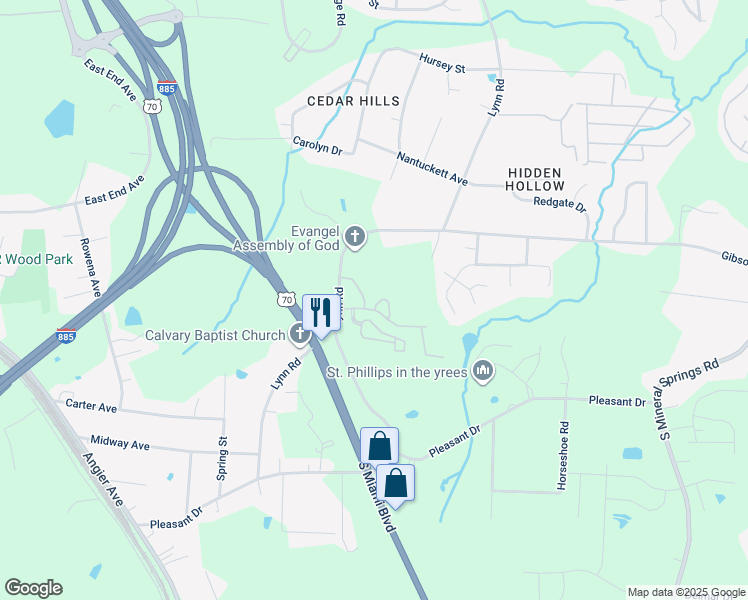 map of restaurants, bars, coffee shops, grocery stores, and more near 3109 Ivey Wood Lane in Durham