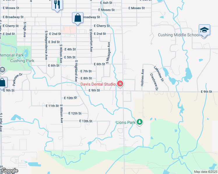 map of restaurants, bars, coffee shops, grocery stores, and more near 915 South Michigan Avenue in Cushing