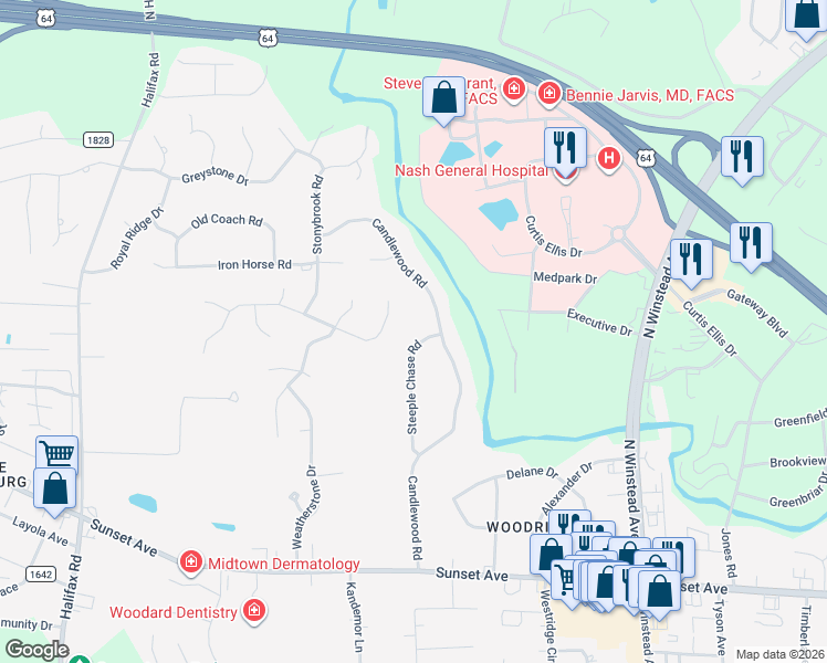 map of restaurants, bars, coffee shops, grocery stores, and more near 148 Steeple Chase Road in Rocky Mount