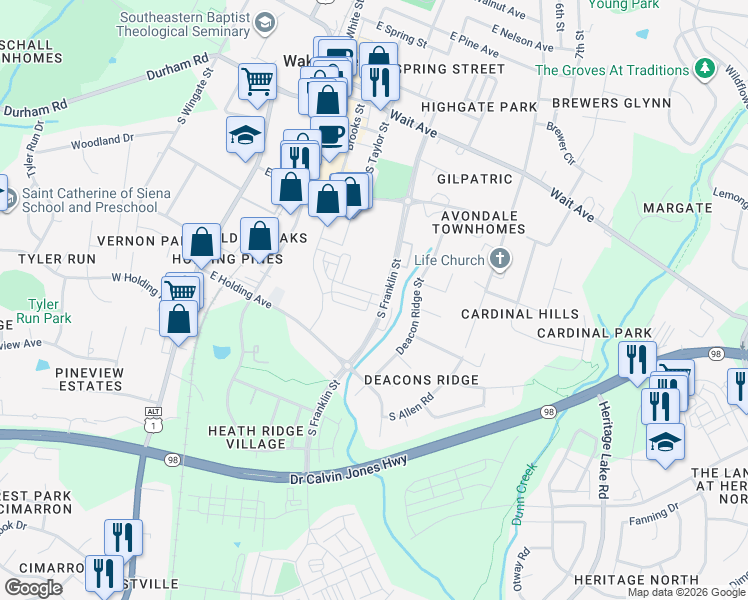 map of restaurants, bars, coffee shops, grocery stores, and more near 485 Triumph Lane in Wake Forest