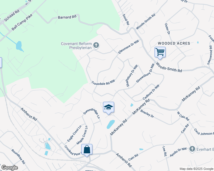 map of restaurants, bars, coffee shops, grocery stores, and more near 6624 Trousdale Road Northwest in Knoxville