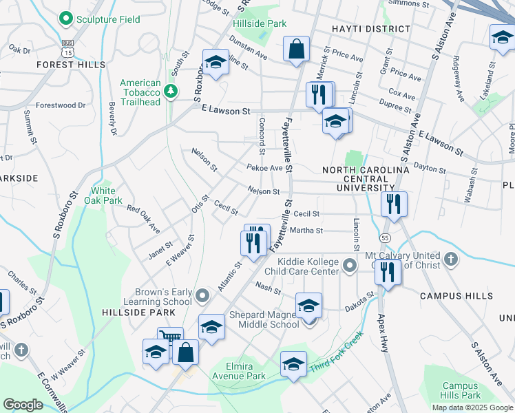 map of restaurants, bars, coffee shops, grocery stores, and more near 2209 Concord Street in Durham