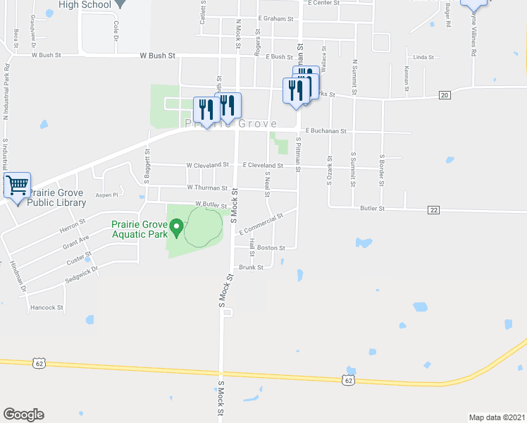 map of restaurants, bars, coffee shops, grocery stores, and more near 315 South Neal Street in Prairie Grove