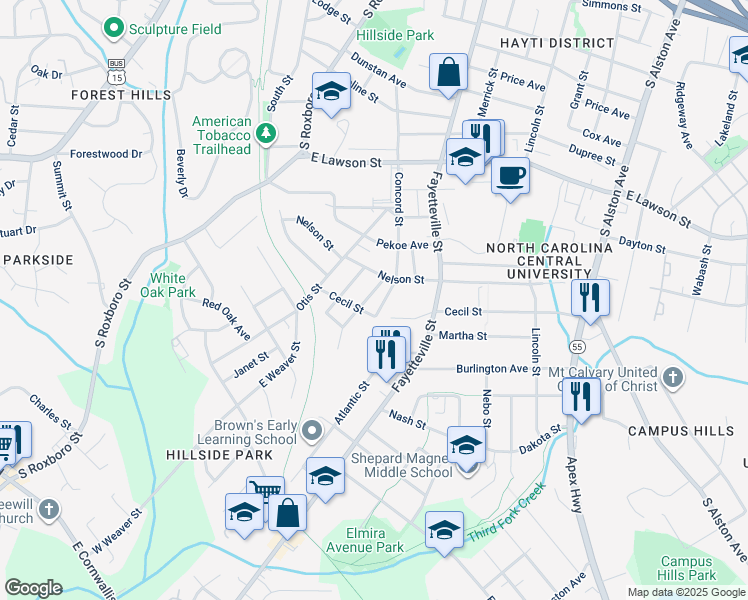 map of restaurants, bars, coffee shops, grocery stores, and more near 2220 Fitzgerald Avenue in Durham