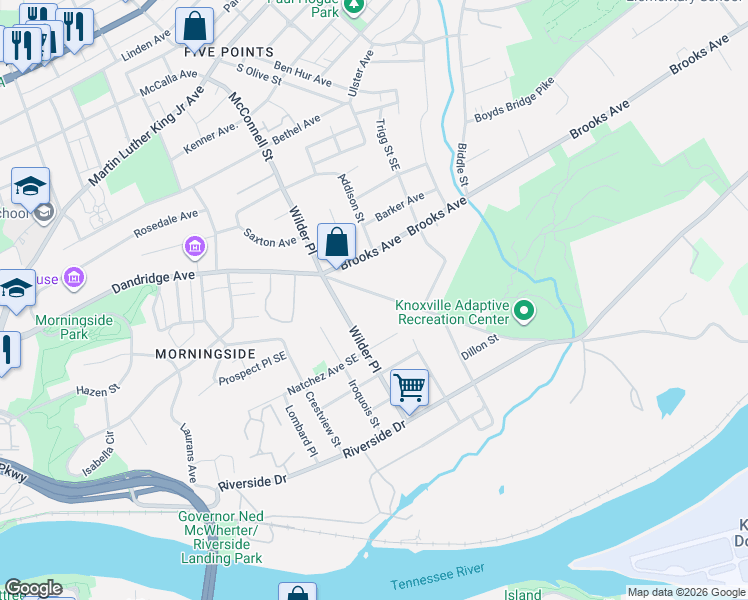 map of restaurants, bars, coffee shops, grocery stores, and more near 2152 Dandridge Avenue in Knoxville