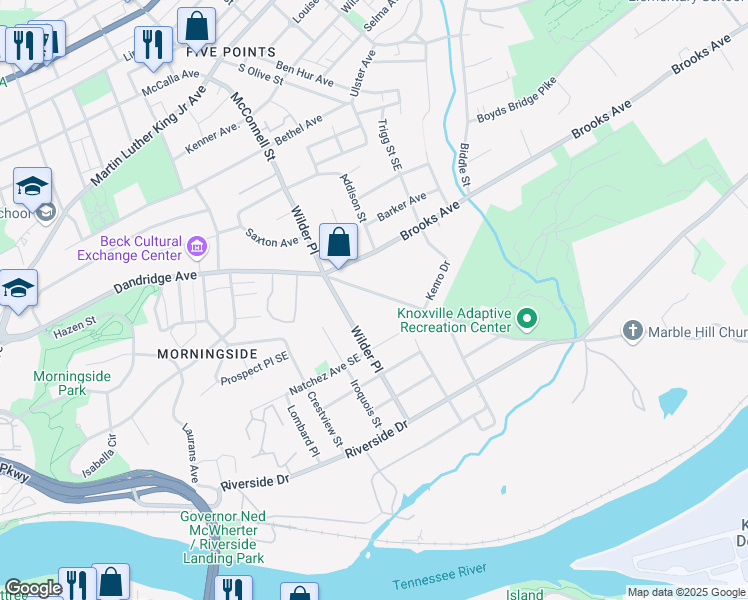 map of restaurants, bars, coffee shops, grocery stores, and more near 2152 Dandridge Avenue in Knoxville