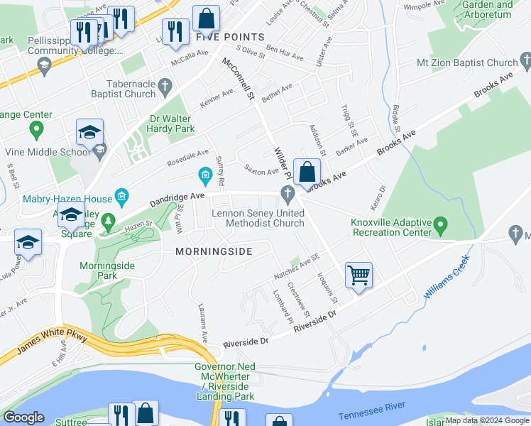 map of restaurants, bars, coffee shops, grocery stores, and more near 2040 Dandridge Avenue in Knoxville
