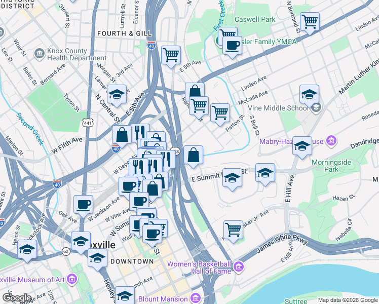 map of restaurants, bars, coffee shops, grocery stores, and more near 4 Hall of Fame Drive in Knoxville