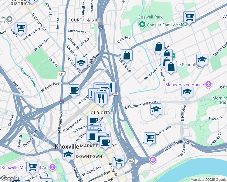 map of restaurants, bars, coffee shops, grocery stores, and more near 4 Hall of Fame Drive in Knoxville