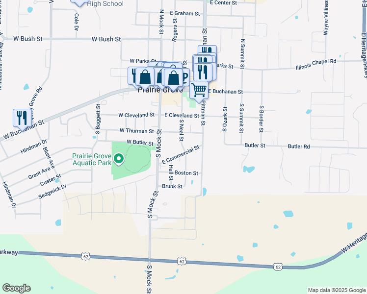 map of restaurants, bars, coffee shops, grocery stores, and more near 315 South Neal Street in Prairie Grove