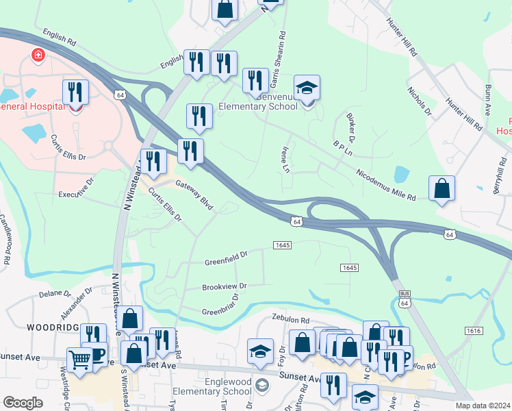 map of restaurants, bars, coffee shops, grocery stores, and more near U.S. Highway 64 in WESLEYAN COL
