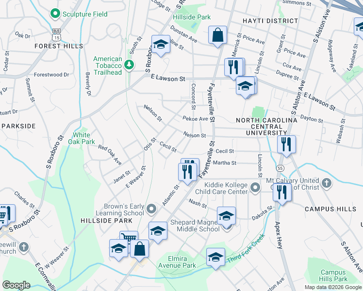 map of restaurants, bars, coffee shops, grocery stores, and more near 2213 Fitzgerald Avenue in Durham