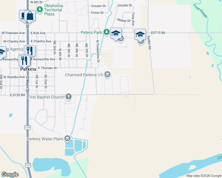 map of restaurants, bars, coffee shops, grocery stores, and more near 204-398 Lynn Combs Circle in Perkins